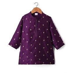 Babyhug Woven Full Sleeves Kurta & Dhoti Set with Floral Embroidery - Purple