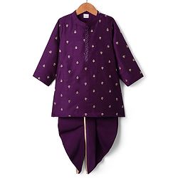 Babyhug Woven Full Sleeves Kurta & Dhoti Set with Floral Embroidery - Purple