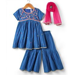 Babyhug Cotton Woven Half Sleeves Kurti Gharara Set with Dupatta & Floral Embroidery with Lace Detailing - Blue & Pink