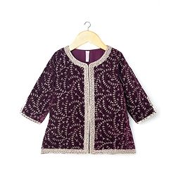 Babyhug Woven Three Fourth Sleeves Choli with Lehenga and Dupatta Set With Floral Sequin & Embroidery with Lace Detailing - Wine & Pink