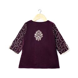 Babyhug Woven Three Fourth Sleeves Choli with Lehenga and Dupatta Set With Floral Sequin & Embroidery with Lace Detailing - Wine & Pink