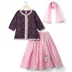 Babyhug Woven Three Fourth Sleeves Choli with Lehenga and Dupatta Set With Floral Sequin & Embroidery with Lace Detailing - Wine & Pink