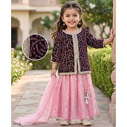 Babyhug Woven Three Fourth Sleeves Choli with Lehenga and Dupatta Set With Floral Sequin & Embroidery with Lace Detailing - Wine & Pink
