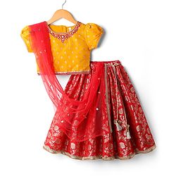 Babyhug Woven Half Sleeves Brocade Choli Lehenga & Dupatta Set With Floral Print & Sequin Detailing - Mustard & Red