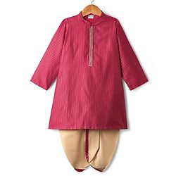 Babyhug Woven Full Sleeves Kurta Dhoti Set with Stripes - Dark Pink