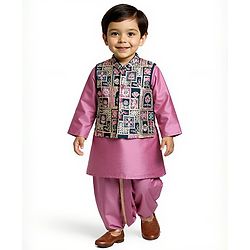 Babyhug Woven Full Sleeves Kurta Dhoti Set With Embroidered Jacket - Lavender