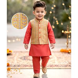 Babyhug Woven Full Sleeves Kurta Pyjama Set with  Embroidered Waistcoat - Red