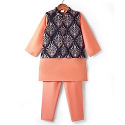 Babyhug Woven Full Sleeves Kurta Pyjama Set with Floral Embroidered Waistcoat - Peach