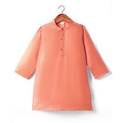 Babyhug Woven Full Sleeves Kurta Pyjama Set with Floral Embroidered Waistcoat - Peach