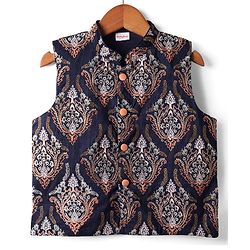 Babyhug Woven Full Sleeves Kurta Pyjama Set with Floral Embroidered Waistcoat - Peach