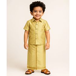 Babyhug Woven Half Sleeves Jacquard Shirt & Mundu Set - Golden