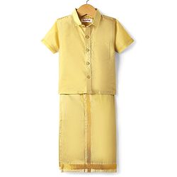 Babyhug Woven Half Sleeves Jacquard Shirt & Mundu Set - Golden