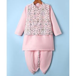 Babyhug Woven Full Sleeves Kurta Dhoti Set with Floral Embroidered Waistcoat - Pink