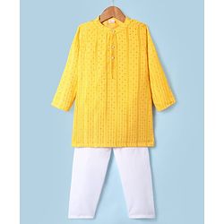Babyhug Woven Full Sleeves Solid Kurta Pyjama Set with Mirror Embroidered Jacket - Green & White main image 0