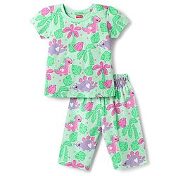 Babyhug Cotton Knit Half Sleeves Co-ords Capri Night Suit with Dino Print - Light Green