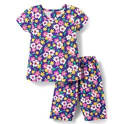 Babyhug Cotton Knit Half Sleeves Capri Co-Ord Night Suit With Floral Print - Purple