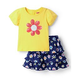 Babyhug  Single Jersey Knit Half Sleeves Top and Skirt Set with Sequin Floral Embroidery - Yellow & Navy Blue