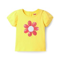 Babyhug  Single Jersey Knit Half Sleeves Top and Skirt Set with Sequin Floral Embroidery - Yellow & Navy Blue