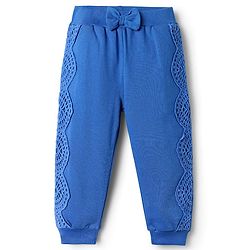 Babyhug Cotton Knit Full Length Solid Colour Lounge Pant With Patch Detailing & Bow Applique - Blue