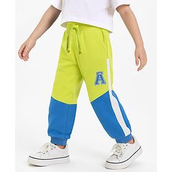 Babyhug Cotton Terry Knit Full Length Lounge Pants with Color Block & Cut & Sew Design - Yellow & Blue