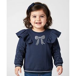 Babyhug 100% Cotton Full Sleeves Bow Embellished Sweatshirt With Frill Detailing - Navy Blue