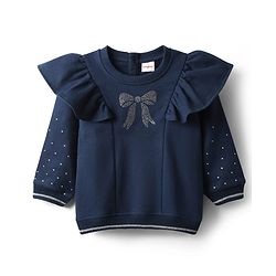 Babyhug 100% Cotton Full Sleeves Bow Embellished Sweatshirt With Frill Detailing - Navy Blue