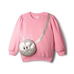 Babyhug Cotton Knit Full Sleeves Sweatshirt with Cat Graphics & Attached Sling Bag - Pink