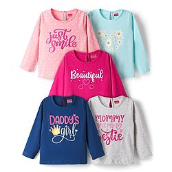 Babyhug 100% Cotton Knit Full Sleeves T-Shirts with Text Print Pack of 5 - Multicolor