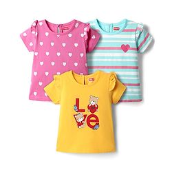 Babyhug 100% Cotton Knit Half Sleeves T-Shirts With Stripes & Heart Print Pack Of 3 - Pink & Light Blue