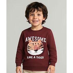 Babyhug 100% Cotton Full Sleeves Sweatshirt With Tiger Applique & Text Print - Brown