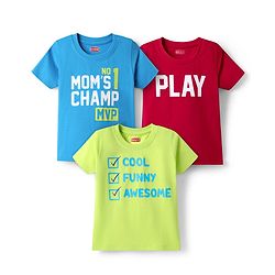 Babyhug 100% Cotton Knit Half Sleeves T-Shirts With Play & Moms Champ Text Print Pack Of 3 - Neon Green Red & Light Blue