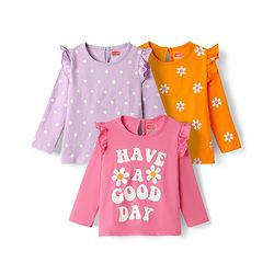 Babyhug 100% Cotton Knit Full Sleeves T-Shirts with Floral Print Pack of 3 - Orange & Lilac