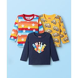 Babyhug 100% Knit Full Sleeves T-Shirts with Star & Text Print Pack of 3 - Yellow & Navy Blue