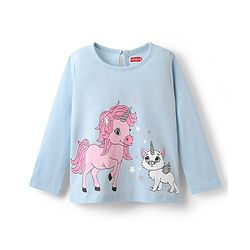 Babyhug 100% Cotton Knit Full Sleeves T-Shirt with Unicorn Print - Light Blue