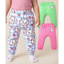 Babyhug Disney Interlock Knit Full Length Diaper Leggings with Aristocats Marie Graphics Pack of 3 - Green Pink & White