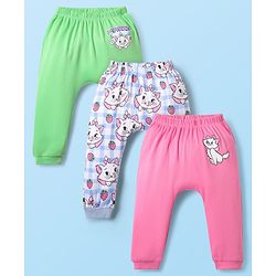 Babyhug Disney Interlock Knit Full Length Diaper Leggings with Aristocats Marie Graphics Pack of 3 - Green Pink & White