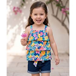 Babyhug Single Jersey Knit Sleeveless Layered Top & Denim Shorts Set with Floral Print & Belt - Navy Blue