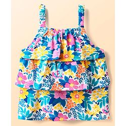Babyhug Single Jersey Knit Sleeveless Layered Top & Denim Shorts Set with Floral Print & Belt - Navy Blue
