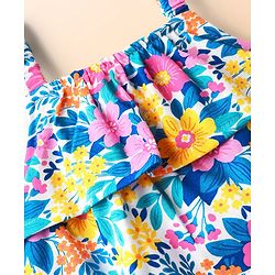 Babyhug Single Jersey Knit Sleeveless Layered Top & Denim Shorts Set with Floral Print & Belt - Navy Blue