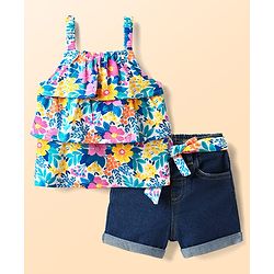 Babyhug Single Jersey Knit Sleeveless Layered Top & Denim Shorts Set with Floral Print & Belt - Navy Blue