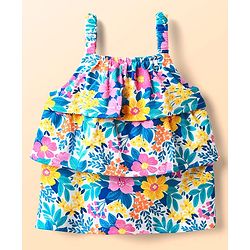 Babyhug Single Jersey Knit Sleeveless Layered Top & Denim Shorts Set with Floral Print & Belt - Navy Blue