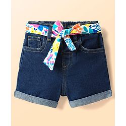 Babyhug Single Jersey Knit Sleeveless Layered Top & Denim Shorts Set with Floral Print & Belt - Navy Blue