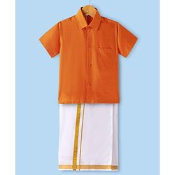 Babyhug Woven Half Sleeves Solid Shirt & Mundu Set - Orange