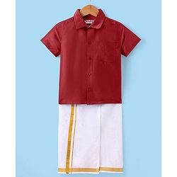 Babyhug Woven Half Sleeves Solid Shirt & Mundu Set - Maroon