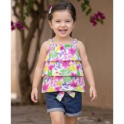 Babyhug Single Jersey Knit Sleeveless Layered Top & Denim Shorts Set with Floral Print & Belt - Navy Blue