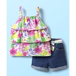 Babyhug Single Jersey Knit Sleeveless Layered Top & Denim Shorts Set with Floral Print & Belt - Navy Blue