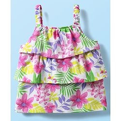 Babyhug Single Jersey Knit Sleeveless Layered Top & Denim Shorts Set with Floral Print & Belt - Navy Blue