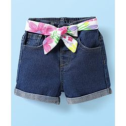 Babyhug Single Jersey Knit Sleeveless Layered Top & Denim Shorts Set with Floral Print & Belt - Navy Blue