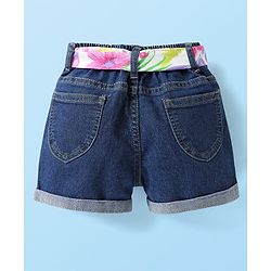 Babyhug Single Jersey Knit Sleeveless Layered Top & Denim Shorts Set with Floral Print & Belt - Navy Blue