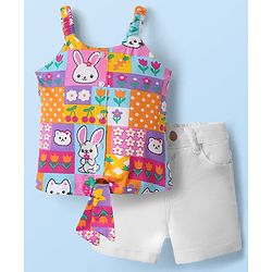 Babyhug Single Jersey Knit Singlet Top & Shorts Set with Bunny Print - White Purple & Pink